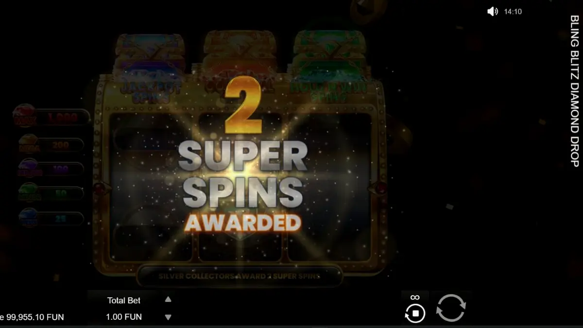 Interface luxuosa do jogo de slot Bling Blitz Diamond Drop com diamantes e moedas brilhantes.